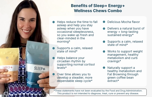Infographic of the benefits of using the Sleep+ Energy+ Wellness Chews Combo.
